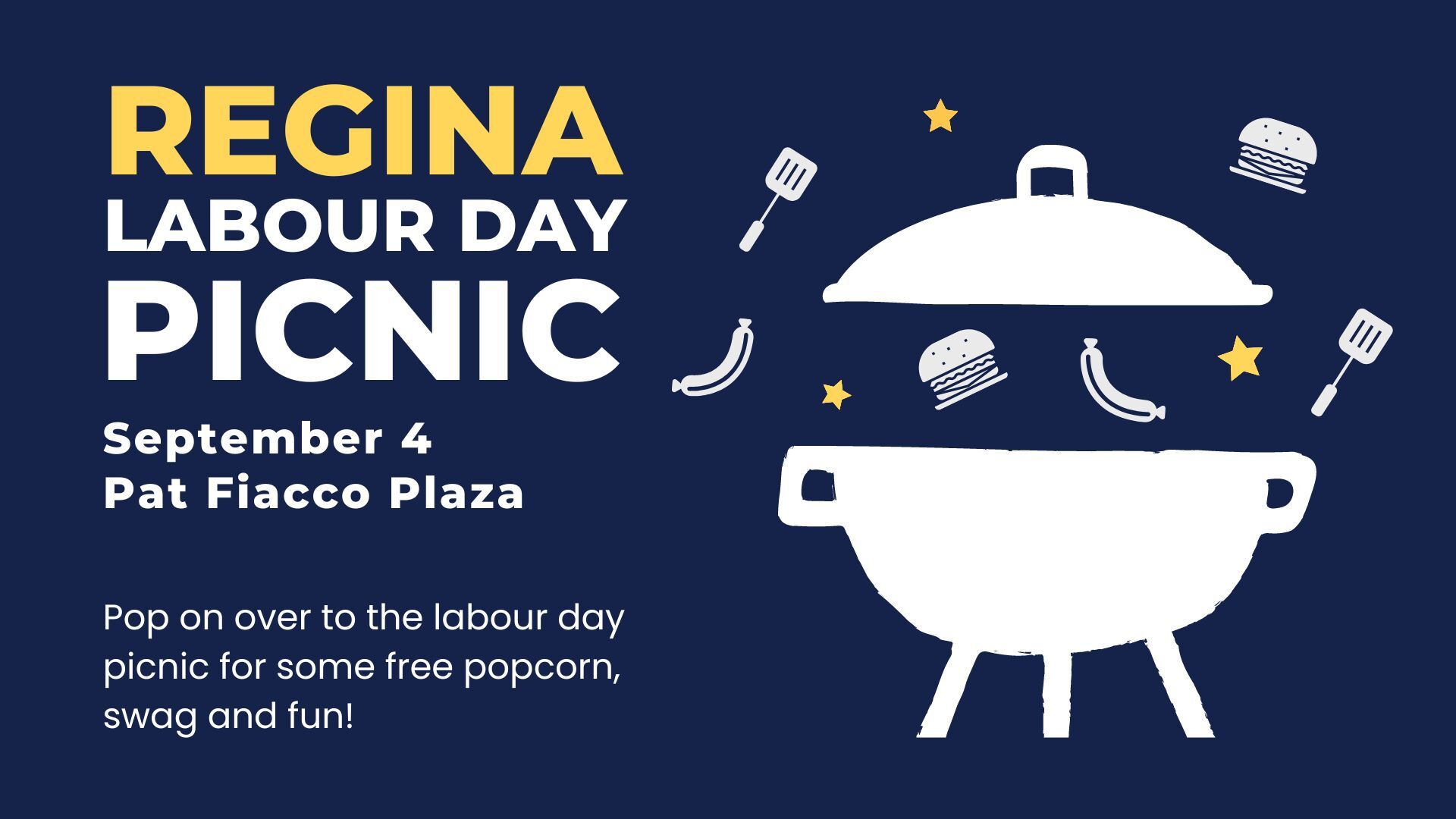 Graphic of a dome-shaped barbeque with text promoting the Labour Day Picnic in Regina.